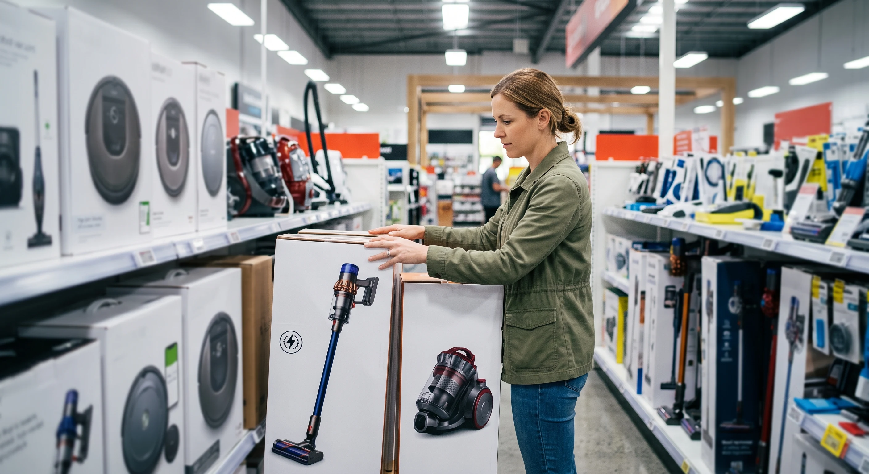 Shopper comparing cordless and canister vacuum cleaners side by side in an Australian appliance store